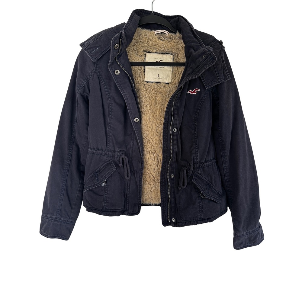 Hollister Vtg Y2K Navy Blue Faux Fur Lined Utility Jacket Hood Small